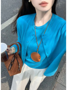 Early Autumn Blue Knitted Open Cardigan Sweater Womens Style Layering Vest Korean Fashion Soft Long Sleeve round Neck Tops