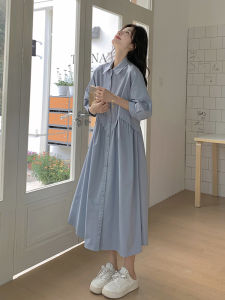 Blue Shirt Dress Women Summer Loose Belly Covering Artistic Casual Simple Large Size Long Dress A-Line Skirt Short Sleeve