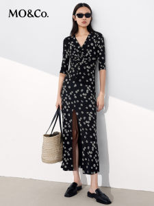 MO&Co. | V-Neck Slit French Print Slimming Long Dress