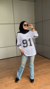 Atasan Kaos Oversize Wanita Sporty Aldira Baseball 91 Lengan 7/8 Katun Combed 24s
