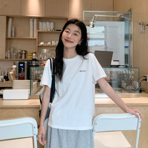 Ladies White Short Sleeve T-Shirt Letter Print round Neck Loose Fit Casual Style Autumn Fashion Korean Lazy Style Top