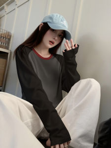 Áo Thun Dài Tay Màu Xám Cổ Điển Cho Nữ Mùa Thu Mới Rộng Rãi Phong Cách Lười Biếng Dài Vừa Phải Nối Màu Áo Thun Cotton