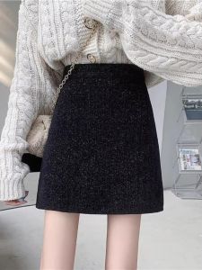Shiny Black Woolen Mini Skirt High Waist A-Line Womens Spring Autumn Winter Thickened Half Body Skirts Korean Style Commute