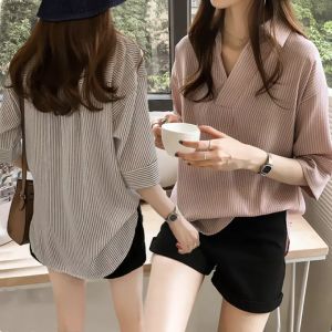 M-3XL Korean Style Plus Size Loose Striped Shirt For Women Casual Seven-point Sleeve Blouse Top