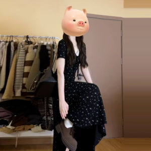 Karrar betsey | Tea Leisure French Style V-Neck Lace Edge Black Flower Dress