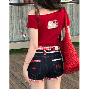 Pure Desire Kitty Cat Short Sleeve T-Shirt Womens Hollow out Embroidery Sweet And Spicy Short Style Summer Cotton Top