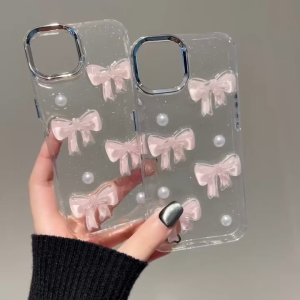 3D inlaid pink bow drop adhesive phone case for iPhone 11 12 13 14 15 16 Pro Max Plus casing Transparent glitter protective cover for iPhone11 case