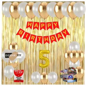 Paket Set Dekorasi Dinding Pesta Ulang Tahun Anak Banner Happy Birthday Merah Balon Gold Putih Tirai