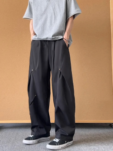 Quần Tây Nam Mùa Hè Dáng Rộng Màu Đen Có Họa Tiết Gấp Gọn Phong Cách Công Sở Quần Dài Ống Đứng Thoáng Khí Thoải Mái