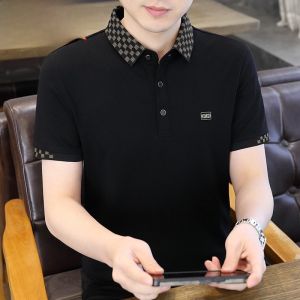 HENGYUANXIANG | Hengyuanxiang Mens Short Sleeve Polo Shirt Ice Silk Thin High End Plaid Tie T-Shirt Summer Fashion Urban Loose Fit Anti-Wrinkle