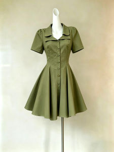 QFN | Commute Style Elegant Green Collar Short Sleeve Dress