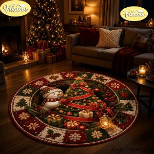 VIKAMA Christmas Round Rug Snowman Snowball Knit Hat Scarf Area Rug Living Room Holiday Home Decor Aesthetic Art Large Premium