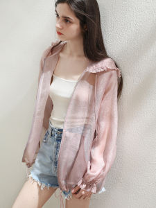 Miccbeirn | Silk Chiffon Embroidered Hooded Short Jacket Casual Sweet Wooden Ear Bordered Ladies Outerwear Commute Style Loose Fit Long Sleeve