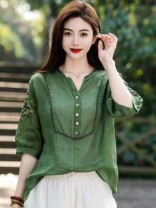 เสื้อเชิ้ตคอวีแขนยาวผ้าฝ้ายลินินสไตล์ย้อนยุคสำหรับฤดูร้อนปี 2023 เสื้อคลุมหูแบบสวมหัวพร้อมกระเป๋าหูที่มีซิป