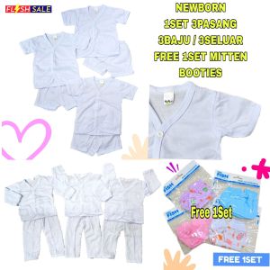 1Set 3Pasang Baby Baju White Tidur New Born 0-3m Free 1 Booties and Mitten 💞Sleepsuit Pajamas