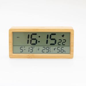 LED Wooden Digital Alarm Clock Multifunctional Large Screen Date Temperature Humidity Backlight 12/24 Hour Snooze Table Clock