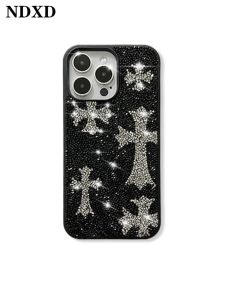 Luxury Glittering Diamond Embedded Silicone Phone Case Full Cover Elegant Womens Style  17Promax Cross Design Sparkling Black Protective Shell