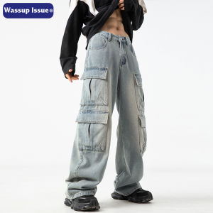 WASSUP ISSUE American Style Multi-Pocket Mens Denim Jeans Retro Blue Wide Leg Workwear Trousers Trendy Straight Cut Cotton Jeans