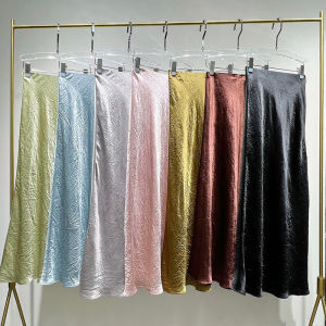 Japanese Import Ruched Triacetate 45 ° Oblique Cut Fashion All-Match Work Clothing Gloss Satin Slit Skirt Children