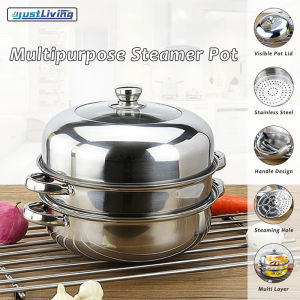 JustLiving 28cm Double-Layers Steamer Stainless Steel Cooking Pots Thickened Extra Large Home Steamer Steamed Bread Pot for Steaming Fish Soup Event Gifts Hotpot Kitchen Cookware
