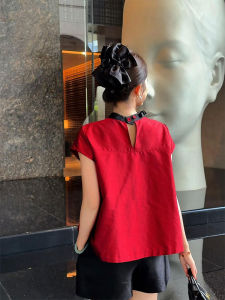 YUFUQING | New Chinese Style Red Short Sleeve Stand Collar Loose Fit Womens Shirt Retro High Waist Trousers Daily Wear Polyester Fiber