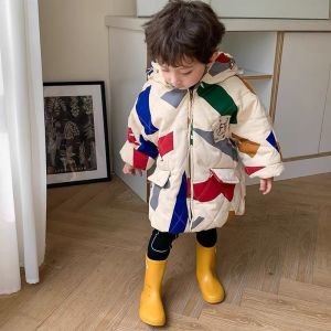 Korean Style Thickened Hooded Mid-Length Geometric Pattern Baby Coat for Boys And Girls Childrens Cotton Jacket Autumn Winter New Arrival