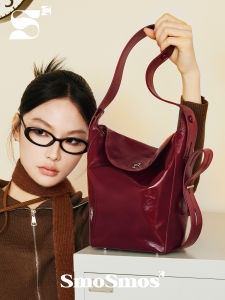 SmoSmos Original Design Leather Bucket Handbag Womens Red Handbag Retro Artistic Style Single Shoulder Crossbody Bag