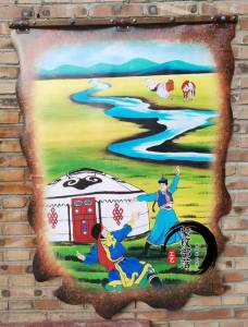 Mongolian Leather Artwork Decorative Painting Nomadic Culture Restaurant Decor Hanging Ornament Axis Picture Flat Printed