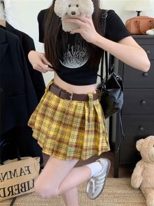 Váy Ngắn Kẻ Caro American Retro Yellow Grid Cho Nữ Mùa Hè Váy Ngắn Chữ a Cạp Cao Cho Bé Gái Váy Ngắn Xếp Ly Chống Ánh Sáng