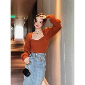 เสื้อสเวตเตอร์คอปกเจ้าหญิงสีแดง เสื้อสเวตเตอร์แขนยาวทรงหลวมสไตล์ฝรั่งเศสสำหรับผู้หญิงในฤดูใบไม้ผลิและฤดูใบไม้ร่วง