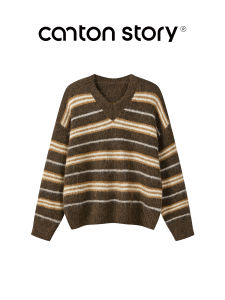 Cantonstory | Áo Sweater Len V-Neck Sọc Đối Chiếu Thời Trang Ấm Áp