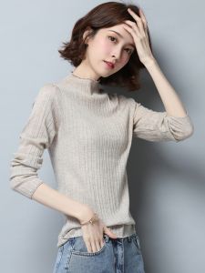 เสื้อสเวตเตอร์ถักคอสูงผ้าขนสัตว์บางฤดูใบไม้ร่วงสำหรับผู้หญิง เสื้อชั้นใน เสื้อผ้าทำงาน ผ้าขนสัตว์ 1-9g ทรงปกติ แขนยาว
