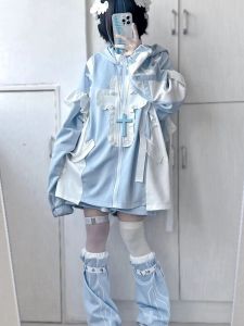 Áo Khoác Nữ Dáng Rộng Có Mũ Trùm Đầu Họa Tiết Sọc Màu Nước Có Tai Mèo Lót Lông Cừu Phong Cách Nhật Bản Mùa Xuân