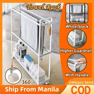 3 Layers Towel Rack Standing With Wheels Metal Towel Holder With Handle And 2 Hooks Slim Storage Rack Organizer Gap Storage Cart Towel Drying Rack Narrow Shelf Rack Multifunction Movable Storage Rack For Bathroom Bedroom Balcony Kitchen