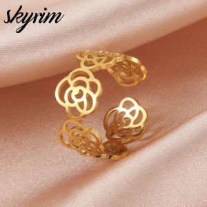 SKYRIM Womens Titanium Stainless Steel Gold Ring Rose Surrounding Opening Ring Adjustable Jewelry Rings