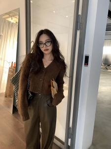 Wool Knit Slim-fit Short Long-sleeve V-neck Cardigan