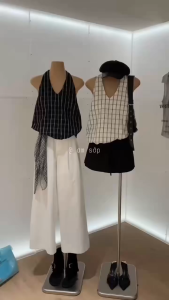 [SẴN LOẠI 1] Caro gân nổi Áo bí cổ yếm có lót V1 lưng & cạp chun co giãn màu kem đen gợi cảm cá tính WGWE W10005