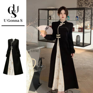 Women Long Dress Cheongsam 2024 Long Sleeve A-line Elegant Traditional Clothing for Temple Casual Daily Occasions School Uniform Black Long Gown Stretchable U Gonna S