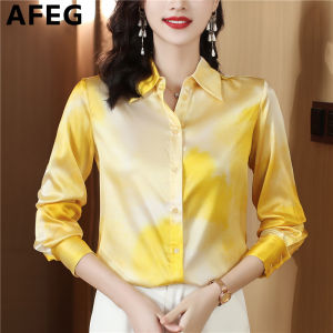 AFEGs new Korean style shirt collar fashion slim and versatile temperament silk satin print long sleeves for women