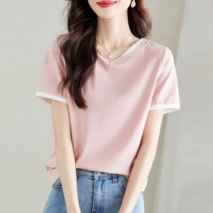 Color Block V Neck T Shirt Women Short Sleeve Cotton Blend Summer New Style Half Sleeve Pure Cotton Body Shirt Pink Tone up Top