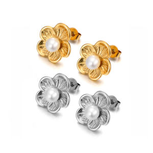 Lokaer Exquisite Pearl Flowers Design Stainless Steel Earrings Gold Plated Waterproof Quality Womens Jewelry For Daily E25058