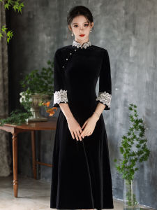 Retro Black Velvet Cheongsam Dress Premium Fitted
