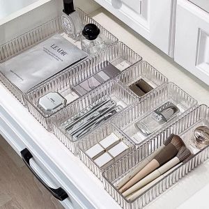 Clear Plastic Drawer Organizers Set Versatile Bathroom and Vanity Drawer Organizer Trays Storage Bins for Makeup Kitchen Gadgets