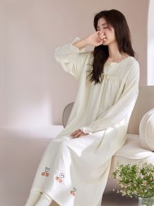 miiow | Pure Cotton Princess Style Long Dress Sleepwear Sweet Home Clothes For Girls Autumn Season V-Neck Long Sleeve Floral Print