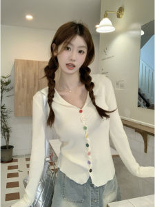 Áo Len Cardigan Dệt Kim Cổ Bẻ Nửa Nút Màu Cầu Vồng Phong Cách Hàn Quốc Ngọt Ngào Giảm Tuổi Tác Andy Velvet Thời Trang Đơn Giản Thời Trang Thu Đông