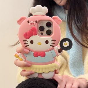 Sanrio | Cute Cartoon 3D Sanrio Hello Kitty Chef Case For iphone 17 16 15 14 13 12 Pro Max Kawaii Soft Silicone Shockproof Phone Cover