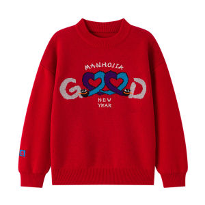 Chinese Zodiac New Year Visit Red Sweater Cartoonist Design Lucky Charm Casual Wool Blend Long Sleeve round Neck Knitwear