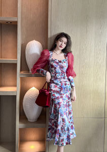 ZY·HT Autumn New Style Female Vintage Chic Printed Slim Fishtail Long Skirt Puff Sleeve French Dress 10183 eravogue