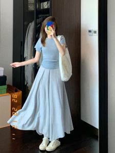 Blue Slim Fit Knitted Short Sleeve Top And Loose Wide Leg Pants Two Piece Set French Lazy Style Tea Break Fashion Ensemble