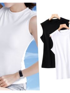 เสื้อยืดคอกลมแขนกุดผ้าฝ้ายแท้สีขาวสำหรับผู้หญิงในช่วงฤดูร้อน เสื้อเชิ้ตแขนกุดทรงเข้ารูป เสื้อเชิ้ตคอตตอนแท้สำหรับใส่ในฤดูร้อน